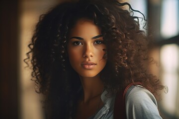 Fototapeta premium Curly-haired young woman with natural makeup indoors. Beauty and skincare.