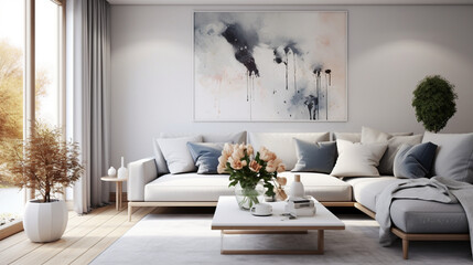 Stylish scandinavian home interior of living room with design gray sofa, armchair, marble stool, black coffee table, modern paintings, decoration, plant and elegant personal accessories in home decor