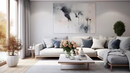 Foto op Canvas Stylish scandinavian home interior of living room with design gray sofa, armchair, marble stool, black coffee table, modern paintings, decoration, plant and elegant personal accessories in home decor © sania