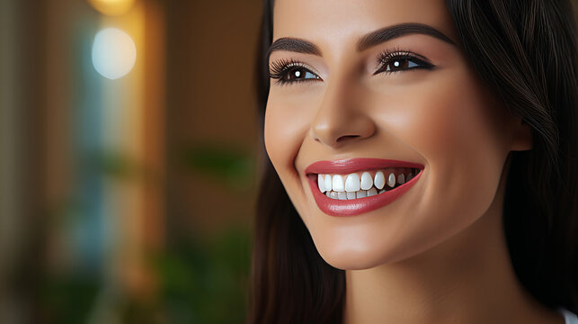 Closeup portrait of young beutiful smiling woman with perfrect skin and teeth