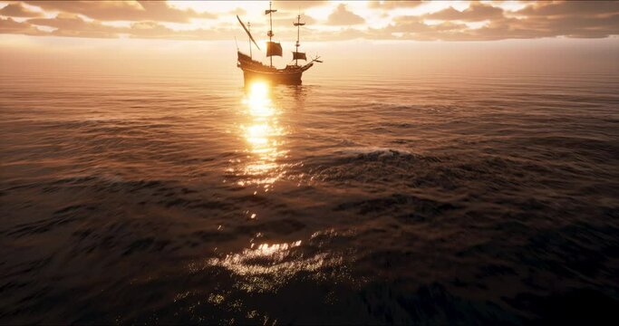 Large medieval ship sailing Caribbean sea at golden pink sunset. Cinematic old medieval ship gracefully sailing in the open sea toward horizon. Dream trip, ideal summer vacation on Saint Lucia island