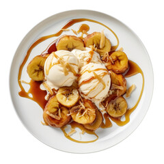 Obraz na płótnie Canvas Delicious Plate of Bananas Foster with Vanilla Ice Cream Isolated on a Transparent Background