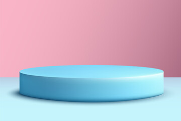 Realistic 3D blue cylindrical podium. Abstract minimal scene for product display, advertising display.