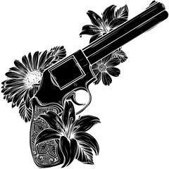 black silhouette of guns on the flower and ornaments floral with tattoo drawing style