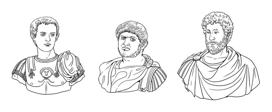 Busts of Caligula, Nero and Commodus. Portraits of Roman Emperors.
