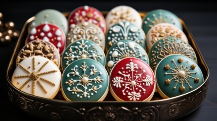 Delicious Christmas cookies with festive glazed decoration in the gift box. Generative AI