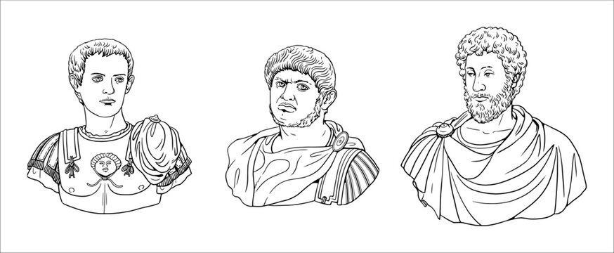 Busts of Caligula, Nero and Commodus. Portraits of Roman Emperors. Vector drawing.