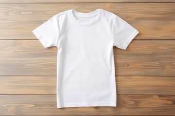 White t shirt on a wooden background. Template, flat lay. Kid, child clothes. Kids fashion