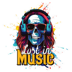 T-shirt or poster design with a skull listening to music on headphones