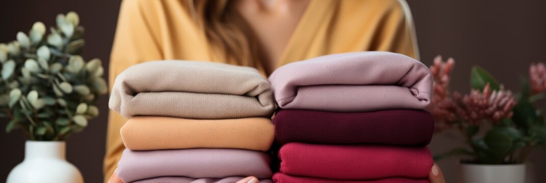 Woman Holding Stack Clean Towels , Banner Image For Website, Background, Desktop Wallpaper