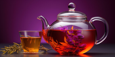Herbal tea in glass teapot and cup on purple background