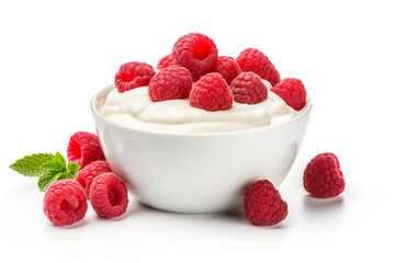 Healthy raspberries yogurt with fresh berries isolated on white background