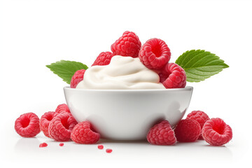 Healthy raspberries yogurt with fresh berries isolated on white background