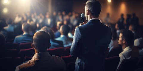 Public speaker presenting to audience in conference session. Corporate event. - obrazy, fototapety, plakaty