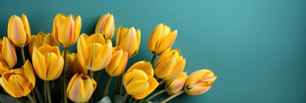 Yellow Tulips On Turquoise Background Greeting , Banner Image For Website, Background, Desktop Wallpaper