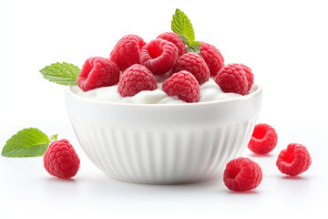Healthy raspberries yogurt with fresh berries isolated on white background