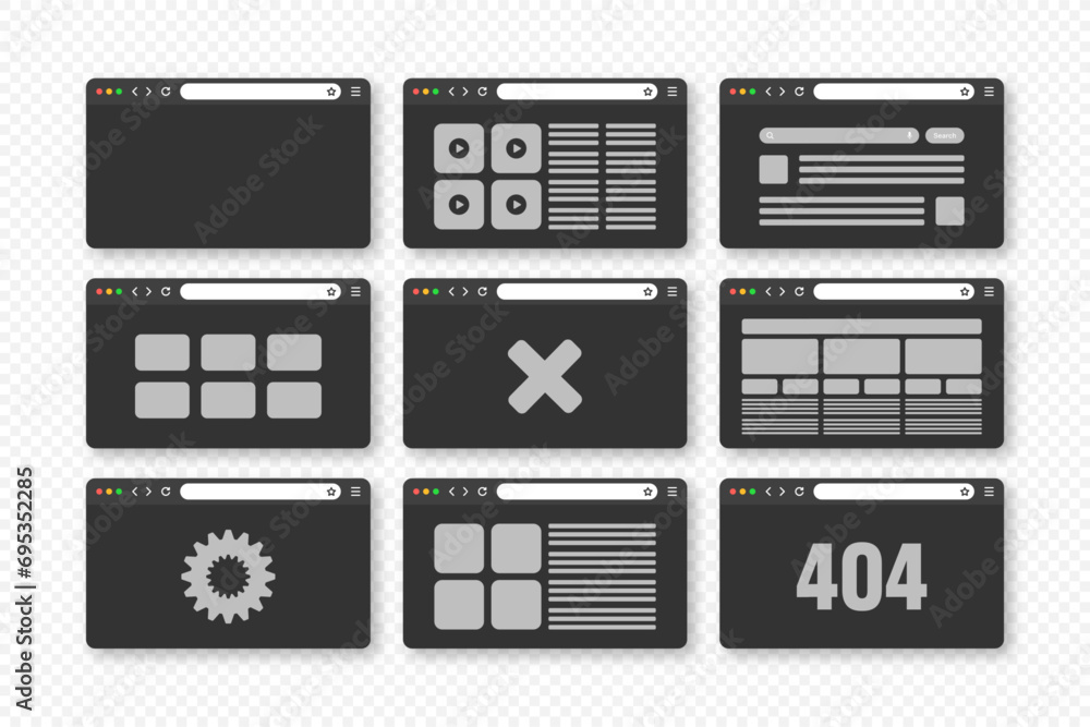 Poster web browser window, pages layout with toolbar and search field. modern website, internet page in fla