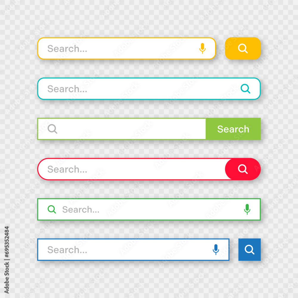 Poster Colorful search bar templates. Internet browser engine with search box, address bar and text field. UI design, website interface element with web icons and push button. Vector illustration