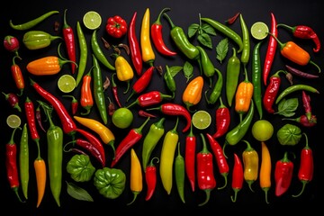 A stunning gradient of chili peppers, from the mildest bell pepper to the hottest Carolina Reaper