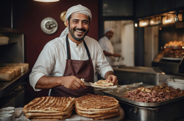 Middle eastern cuisine food served by a welcoming arab man in an authentic middle easter restaurant