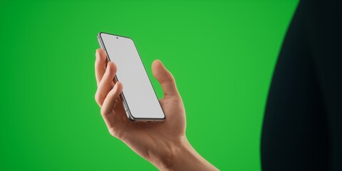 Caucasian man holding phone on a green background, blank screen mockup