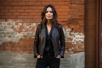 Fototapeta na wymiar Portrait of a content woman in her 30s sporting a stylish leather blazer against a vintage brick wall. AI Generation