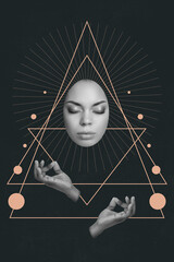 Creative poster collage of female girl shaman praying for mystic magic pagan god with third eye...