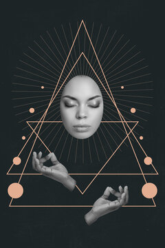 Creative poster collage of female girl shaman praying for mystic magic pagan god with third eye wisdom future telling