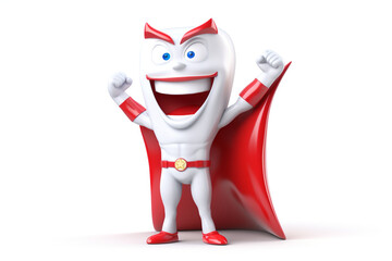 Happy superhero healthy tooth 3D illustration white background - obrazy, fototapety, plakaty