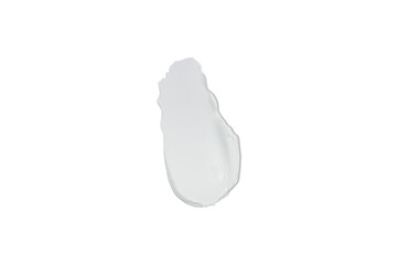 Texture of white cream on white background. Smear of moisturizer close up. Lotion swatch. Beauty skin care product smear smudge. SPF sunscreen cream sample on white background