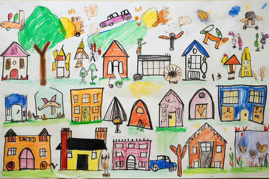 Drawing pictures of cute school building by children