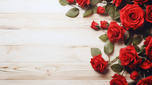 Red roses frame on light wooden background top view