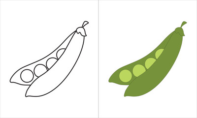Simple green peas clipart vector illustration isolated on white background. Pod of green peas  Green peas sign icon. Organic food, vegetables and restaurant concept outline colour, and doted 