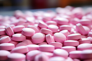 Pink pills on the table close-up