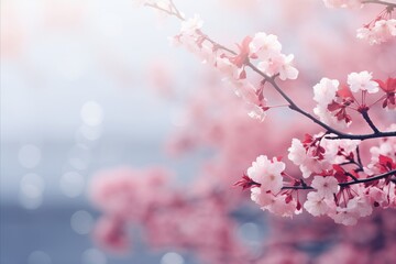 Tranquil Sakura Blossoms on Soft Blue Background - Elegant Japanese Floral Banner Design