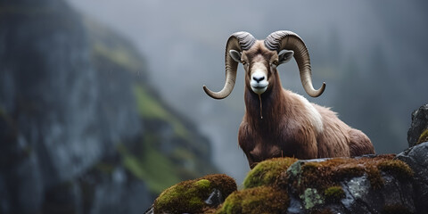  A brown goat standing on top of a grass covered hillside Mouflon lying on a rock in the mountains. Animal portrait, Barbary sheep Capra ibex on the slope of a mountain AI Generative    
