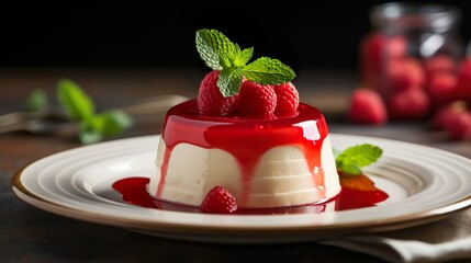Close up of delicious Italian panna cotta dessert with strawberry jam decorated with fresh berries and mint. Confectionery, recipes, restaurant menu. Yummy restaurant dessert. - obrazy, fototapety, plakaty
