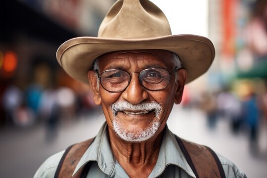 Portrait of a satisfied indian man in his 80s wearing a rugged cowboy hat against a busy urban street. AI Generation