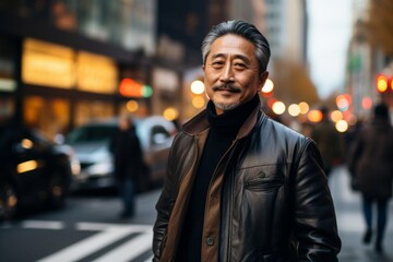 Fototapeta premium Portrait of a content asian man in his 60s sporting a stylish leather blazer against a busy urban street. AI Generation