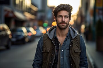 Portrait of a blissful man in his 20s wearing a rugged jean vest against a busy urban street. AI Generation