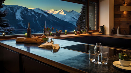 A kitchen with a wooden countertop that opens a magnificent mountain landscape