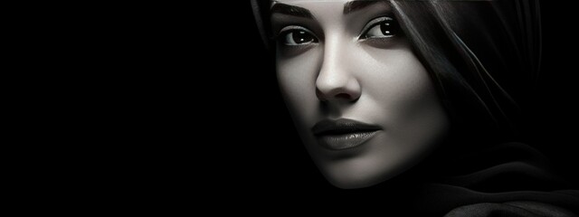 A detailed portrait of a hijab-wearing woman, capturing the play of light and shadow on her features in a classic black and white style