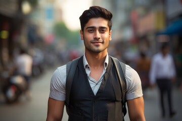 Portrait of a satisfied indian man in his 20s dressed in a breathable mesh vest against a busy urban street. AI Generation