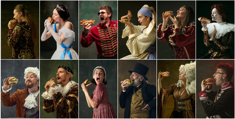 Collage. Medieval people, men and women in vintage dresses eating fast food, burgers over dark...