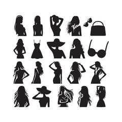 Set of Girl Silhouette: Abstract Femininity, Romantic Poses, and Classic Beauty in Artistic Vector Form - Minimallest woman black vector lady Silhouette
