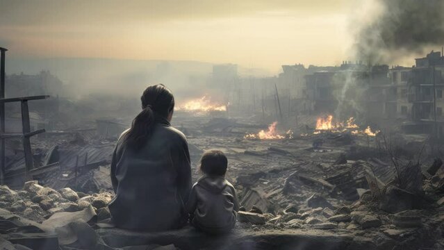 Woman and child looking over devastated cityscape. Post-apocalypse scenario.