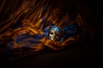 Carnival mask on orange and blue fabrics background.