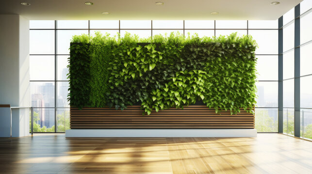 Interior vertical biowall garden, covered with green vegetation plants. Eco living concept. Generative AI