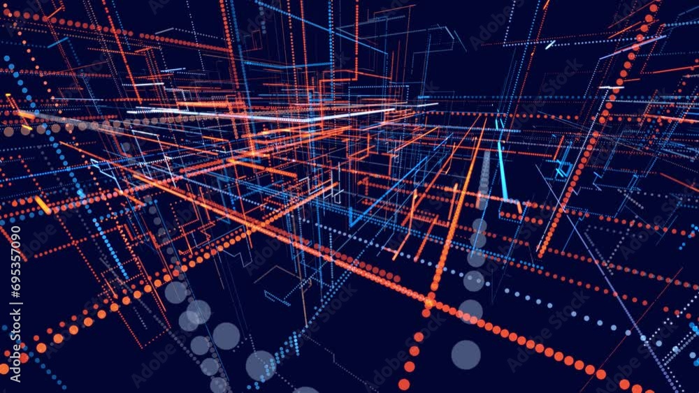 Poster glow particles form lines. info concept lines and nodes, ai construction light grid. lines red blue 