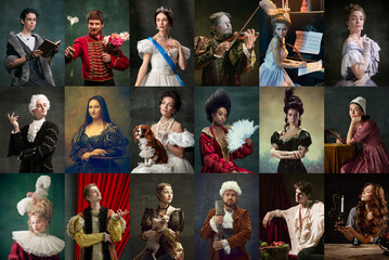 Collage. Portrait of different royal people, famous historical personages over dark vintage...